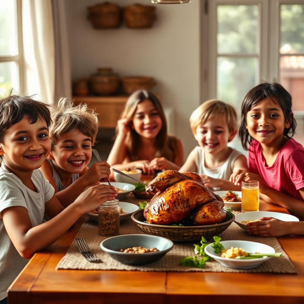 Família feliz reunida à mesa com frango assado