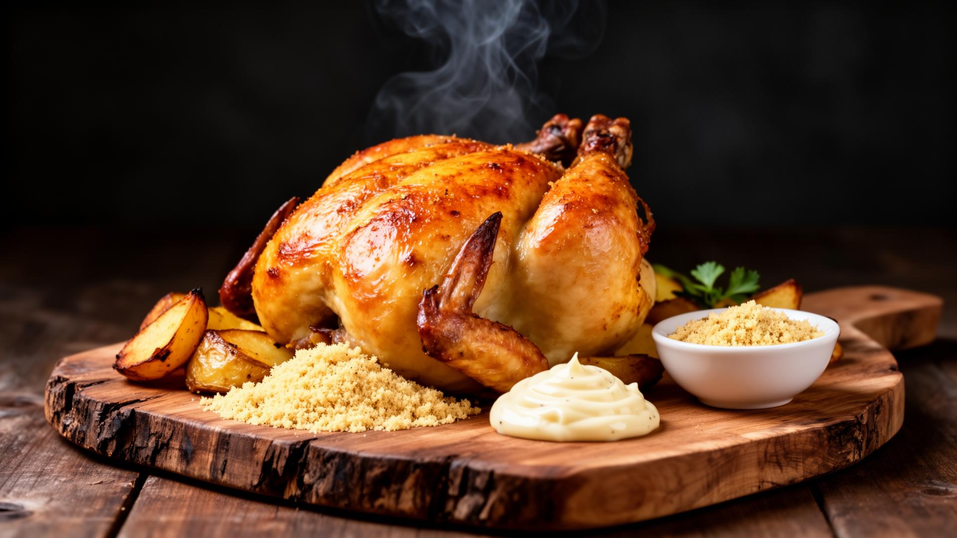 Frango assado dourado e suculento em Palhoça